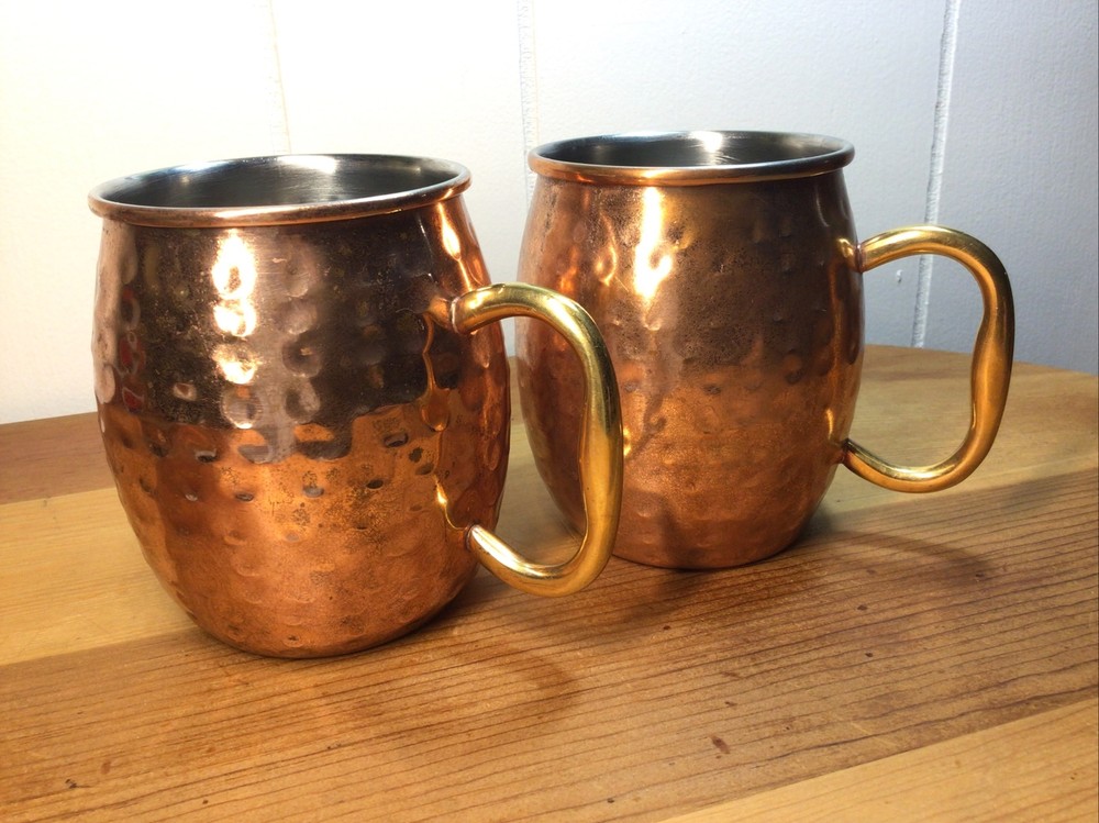 2 Godinger Hammered Copper Mugs Moscow Mule Tin Lined Brass Handle