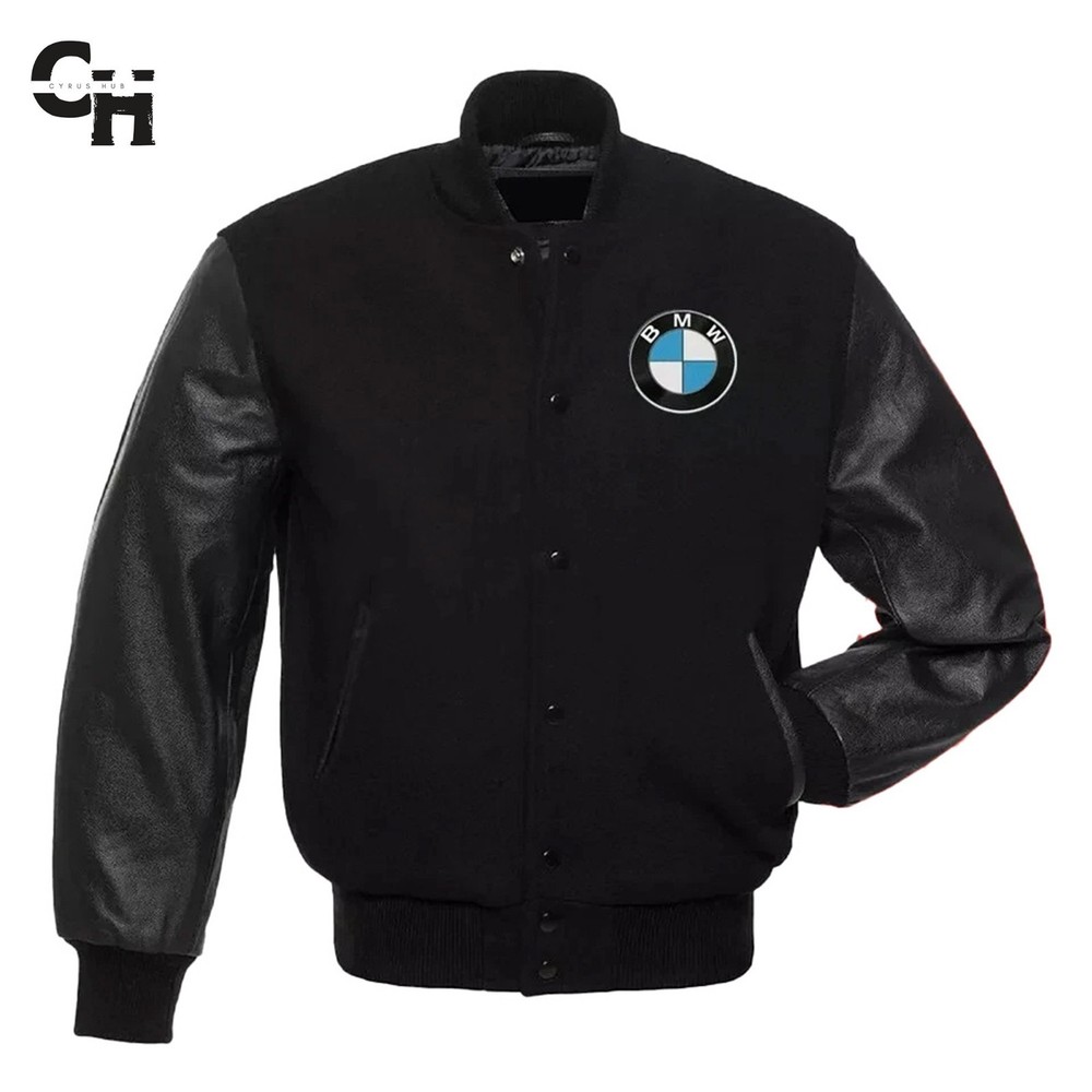New Letterman BMW-Vintage Style Embroidered Black Leather & Wool Varsity Jacket