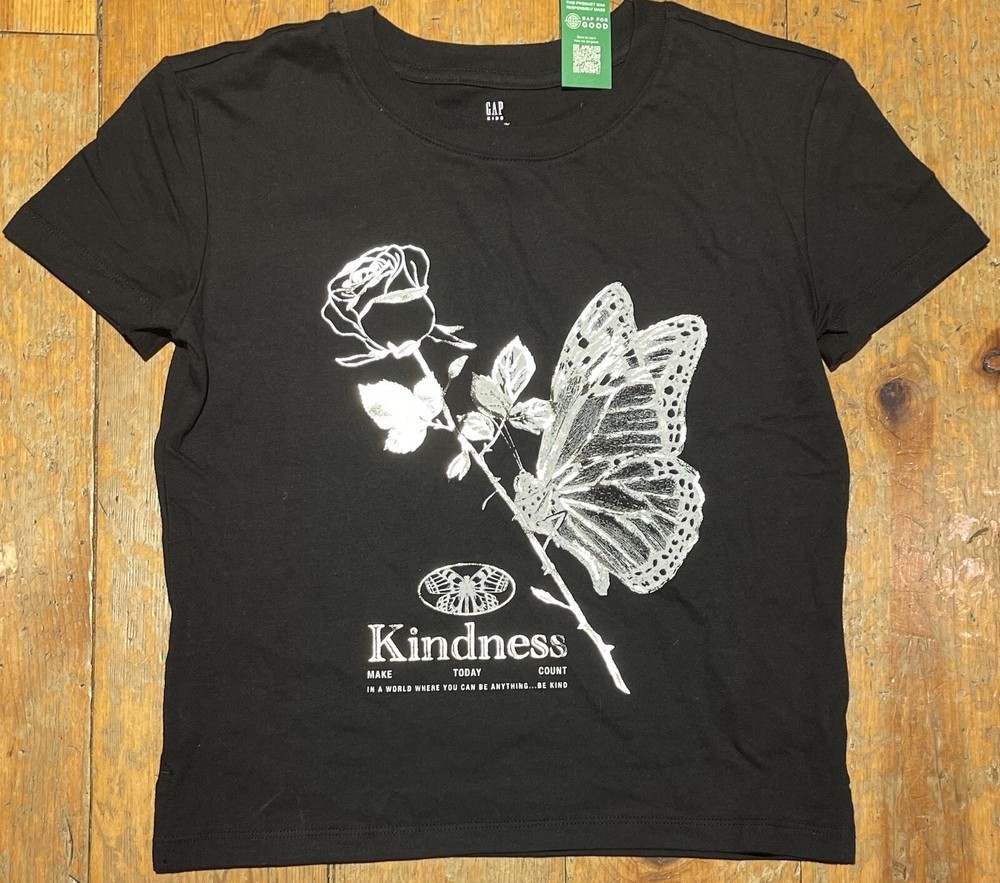 NWT Gap Kids Girls T-Shirt Black Butterfly Kind Kindness metallic silver  u pick