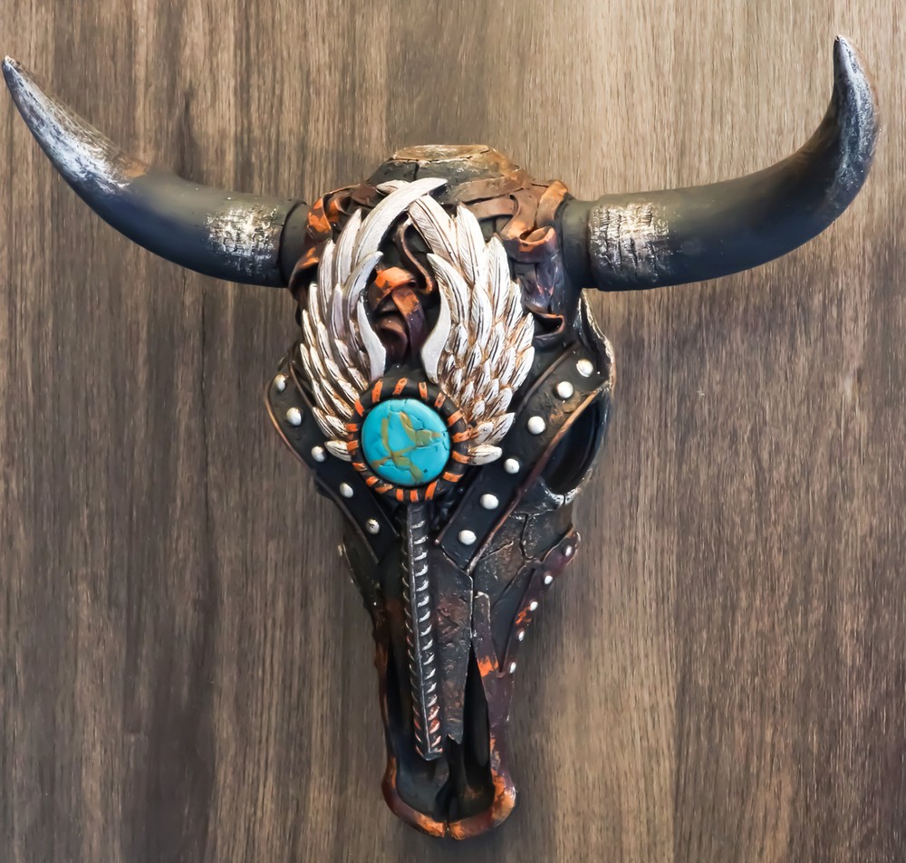 Rustic Western Angel Wings Turquoise Gem Steer Bull Cow Skull Wall Decor Plaque