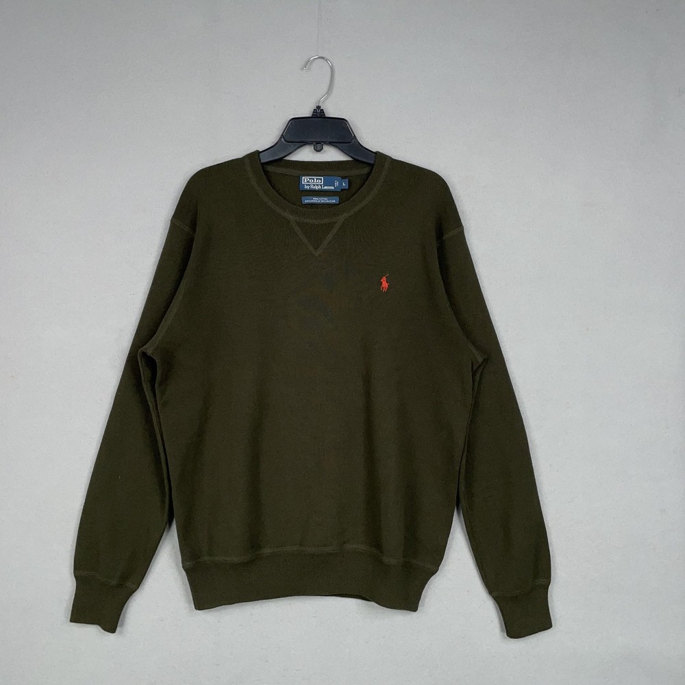 Polo Ralph Lauren Sweater Mens Large Green Cotton Crewneck Red Pony Logo