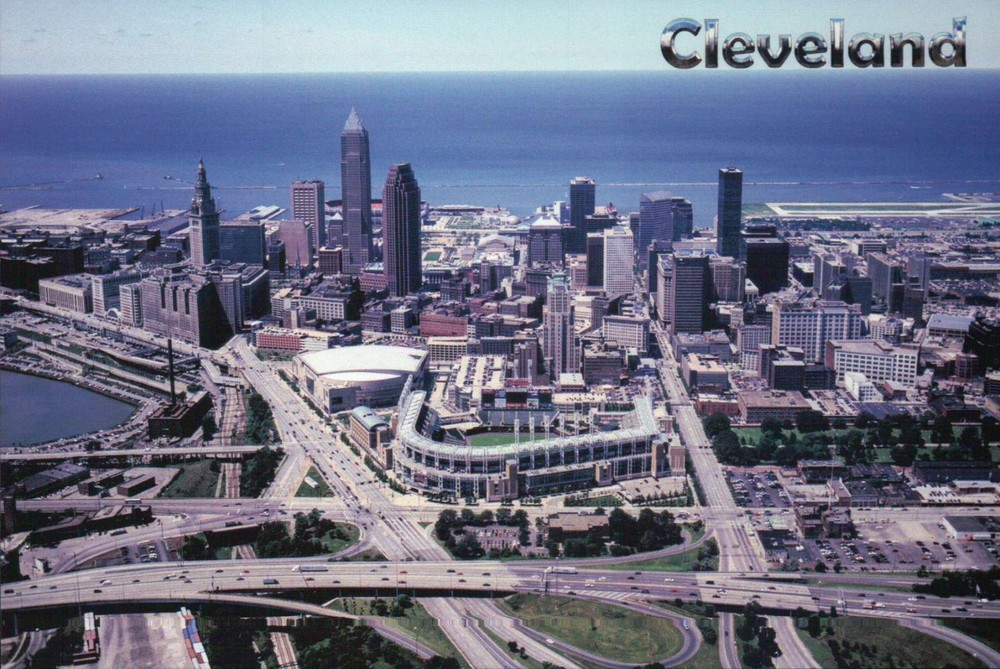 Aerial View of Cleveland Ohio, Downtown, Stadium, Roads, Lake etc. --- Postcard