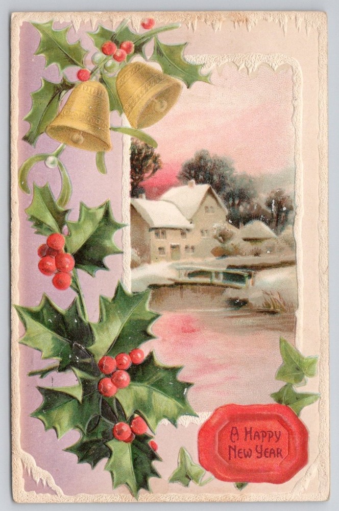 1910 Embossed Christmas Holly Bells Happy New Year Postcard Skaneateles NY