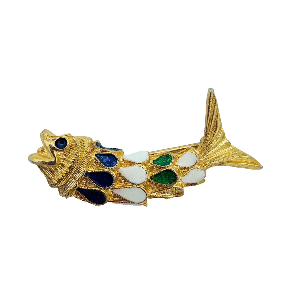 Vintage Koi Fish Brooch Gold Tone Blue Green White Enamel Whimsy Figural