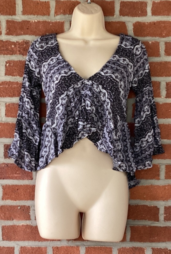 NWT NAANAA Black White Gray Print 3/4 Ruffle Sleeve Top Size XS $108