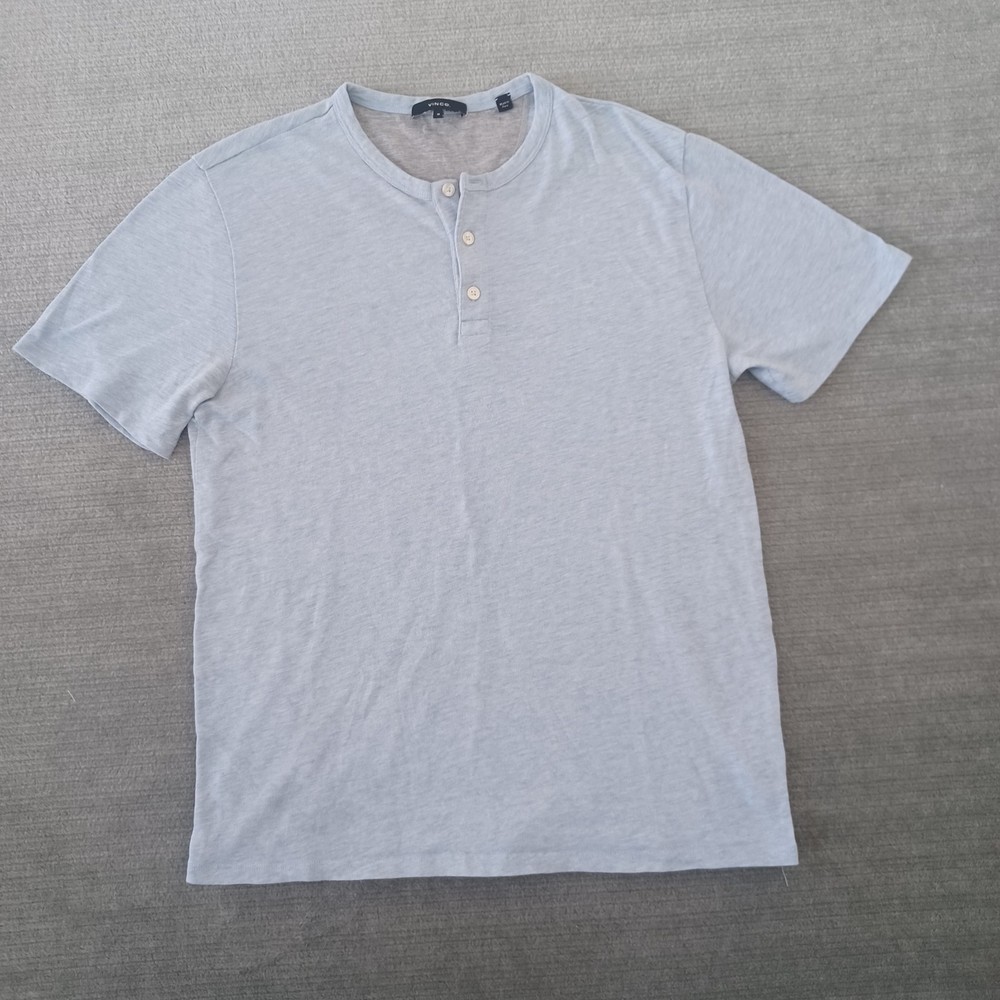 Vince Henley Shirt M Blue Short Sleeve Button Collarless Preppy Pullover Stretch