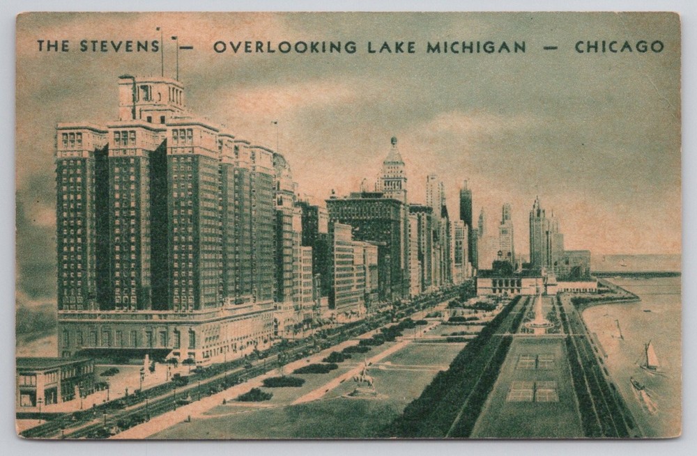 Vintage The Stevens Hotel Chicago Postcard Overlooking Lake Michigan