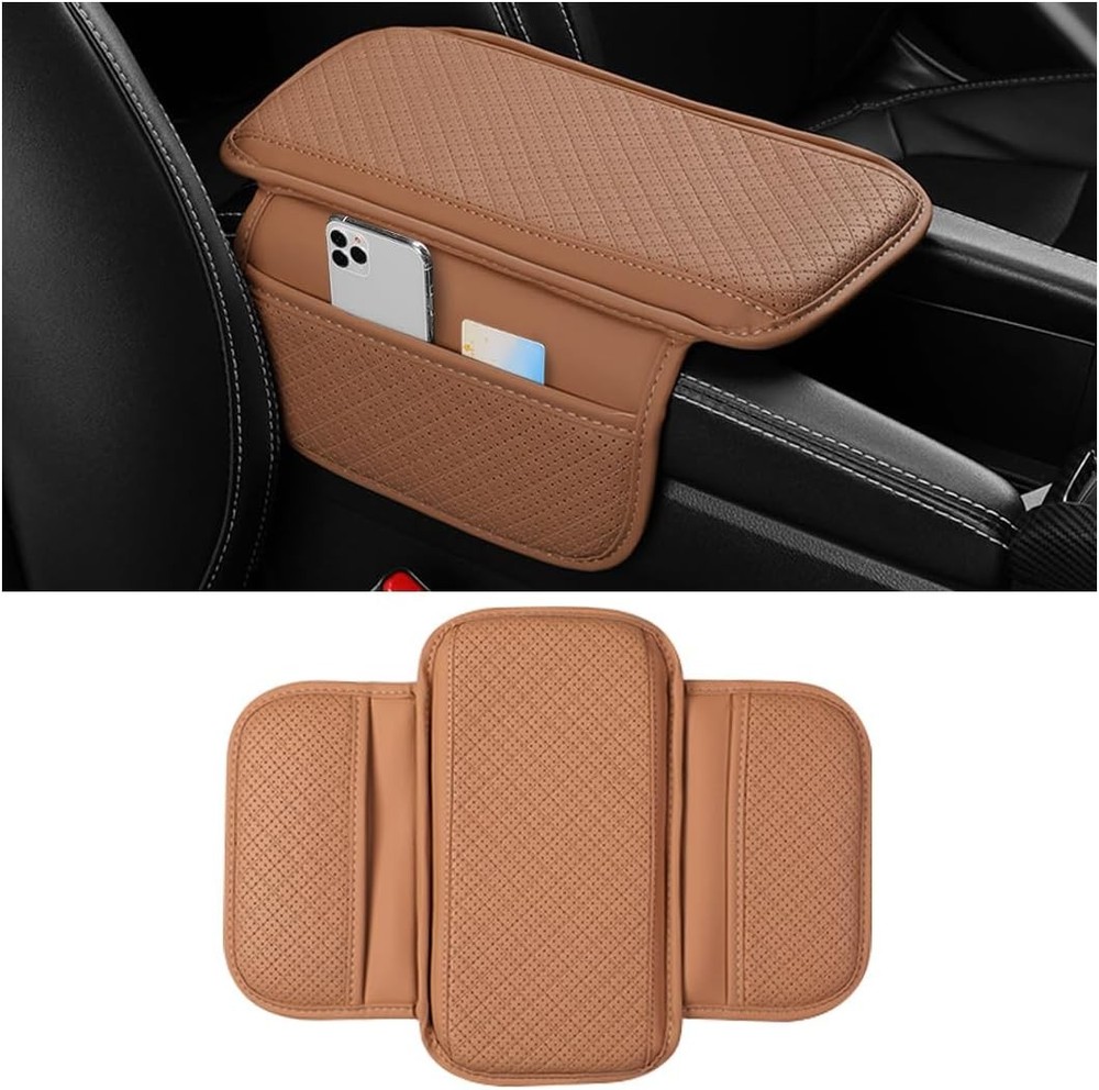 Leather Center Console Cover with 2 Storage Bags, Universal Armre Color: Brown