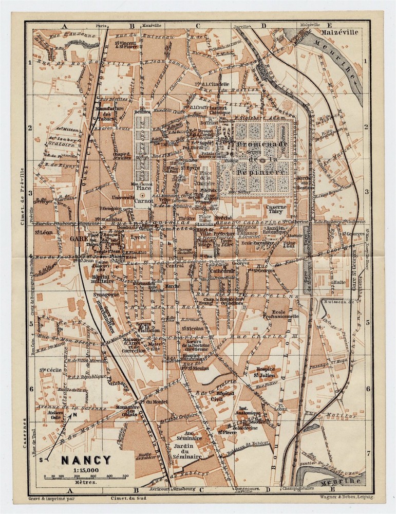 1909 Antique City Map Of Nancy / Lorraine / France