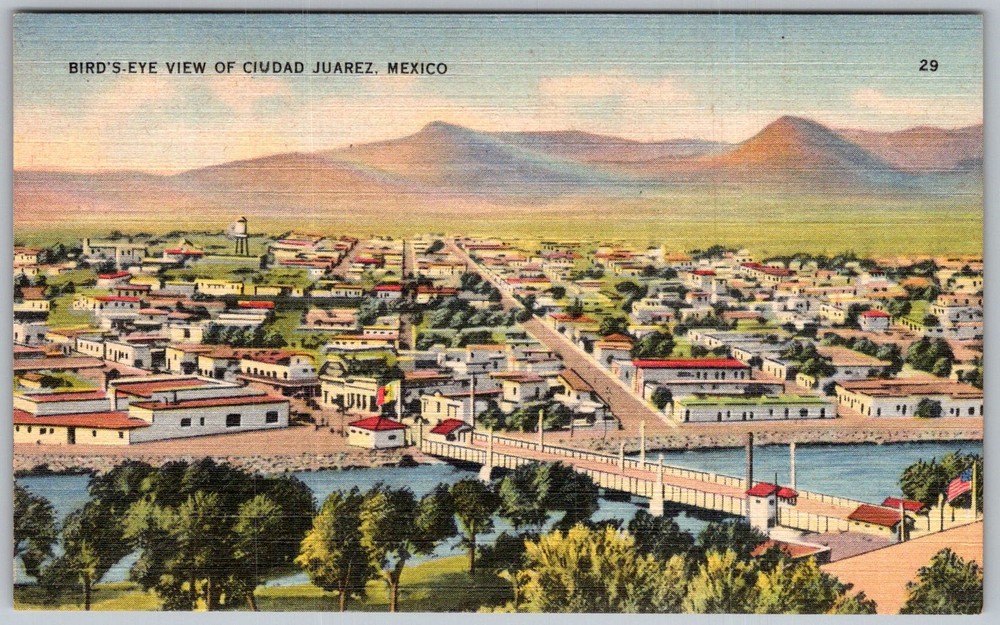 Vtg Linen Postcard Rio Grande Ciudad Juarez, Mexico 1930s