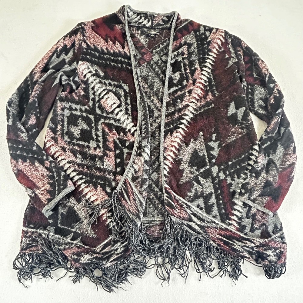 Lucky Brand Womens Southwestern Geometric Fringe Open Front Cardigan Burgundy M