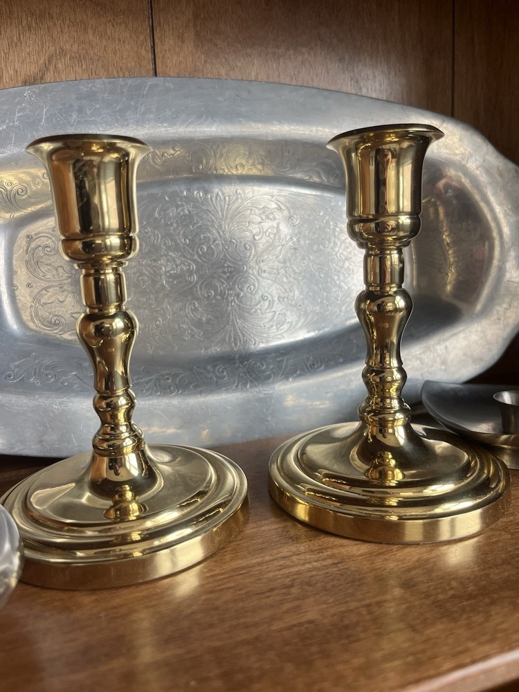 Set of 2 Polished Brass Taper Candlestick Candle Holders, Round Gold