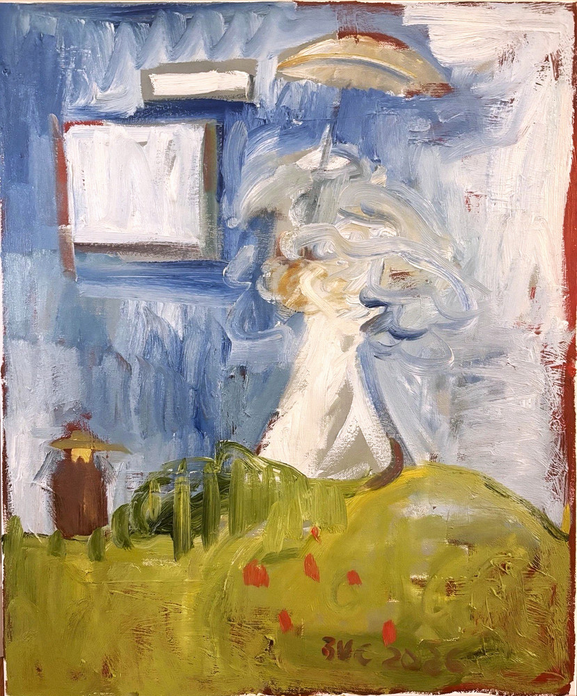 Abstract Woman With Parasol Landscape Oil Painting 24”x20” Canvas Original Art-image