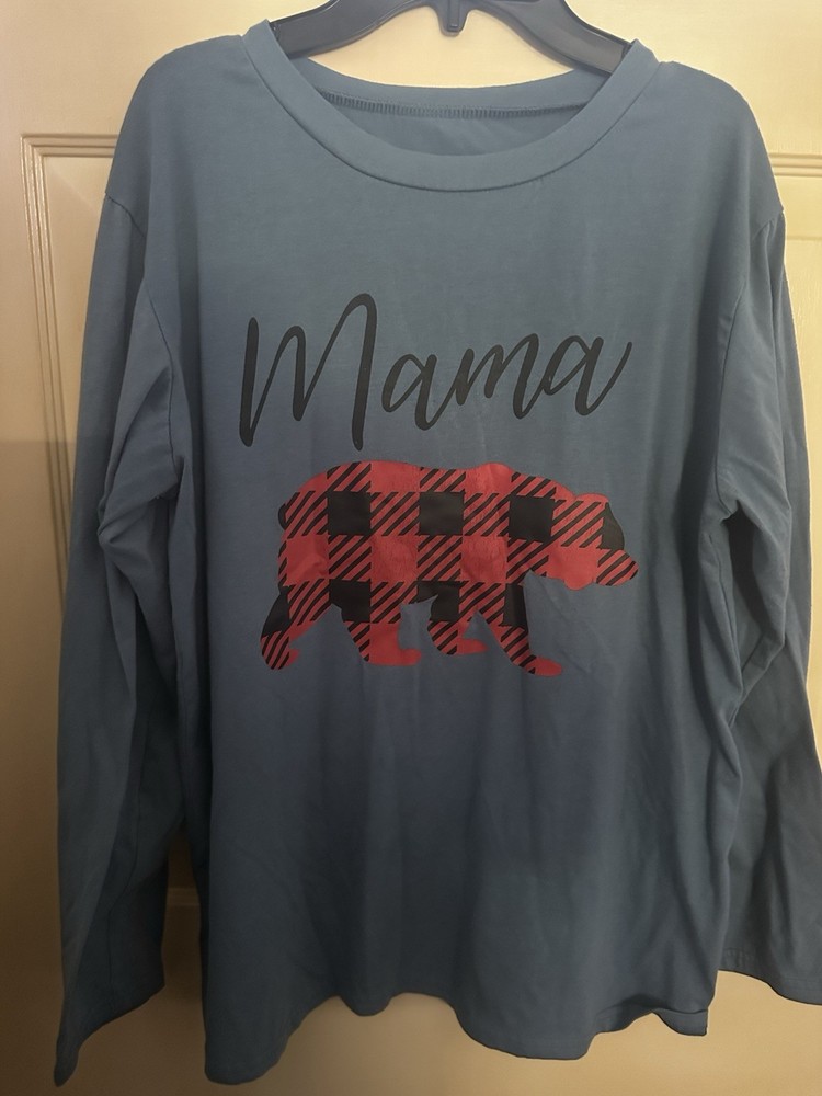 Mama Bear Blue Plaid Graphic Long Sleeve Crew Neck T-Shirt Women's XL