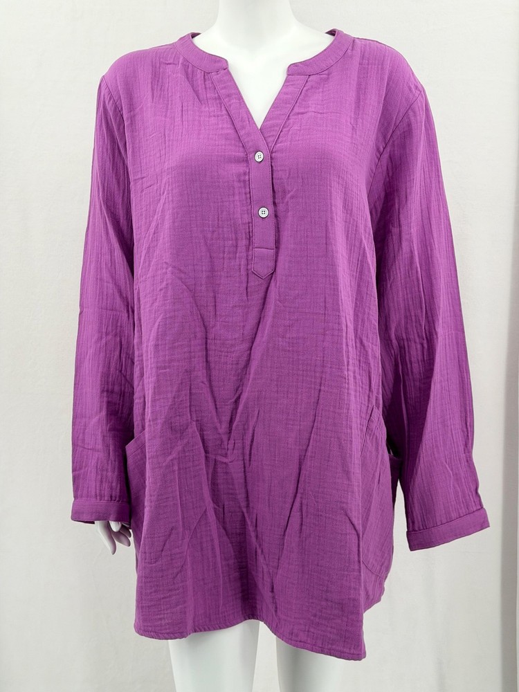 Soft Surroundings Top Womens 3X Purple 100% Cotton Long Sleeve Pockets Tunic