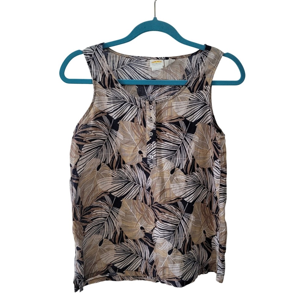 C&C California Womens S Tank Top Tan Navy Tropical Leaf 100% Linen Henley