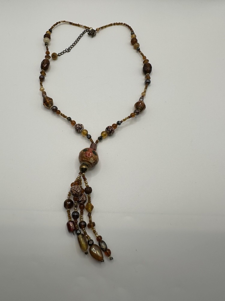Vintage Amber Glass Beaded Necklace With Tassel 18”