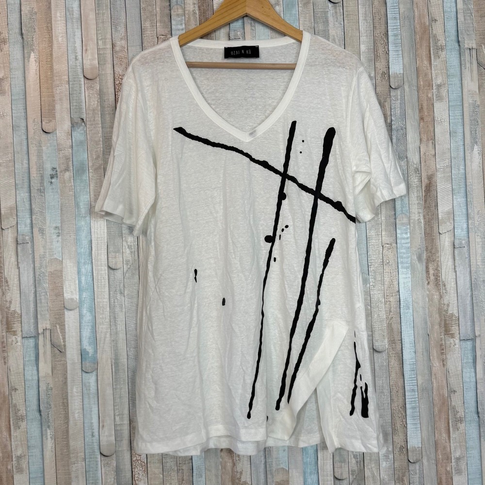 Ozai N Ku Linen Cotton Jersey Abstract Paint Graphic V-Neck T-Shirt Tunic Top L-image