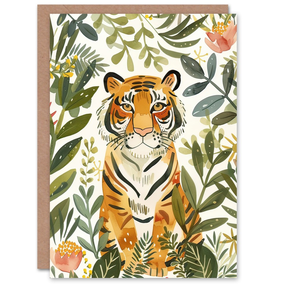 Greeting Card Cute Tiger in Floral Tropical Jungle Watercolour Birthday