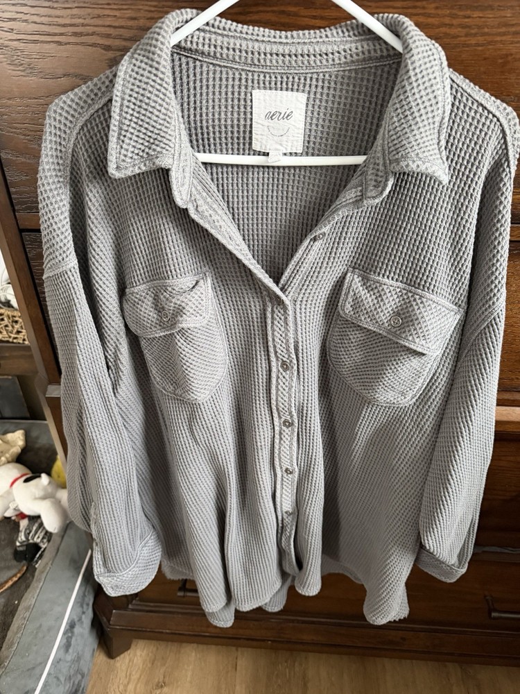 Aerie Lumberjane Waffle Shirt Women’s L Button Up Oversized Cozycore Cabincore