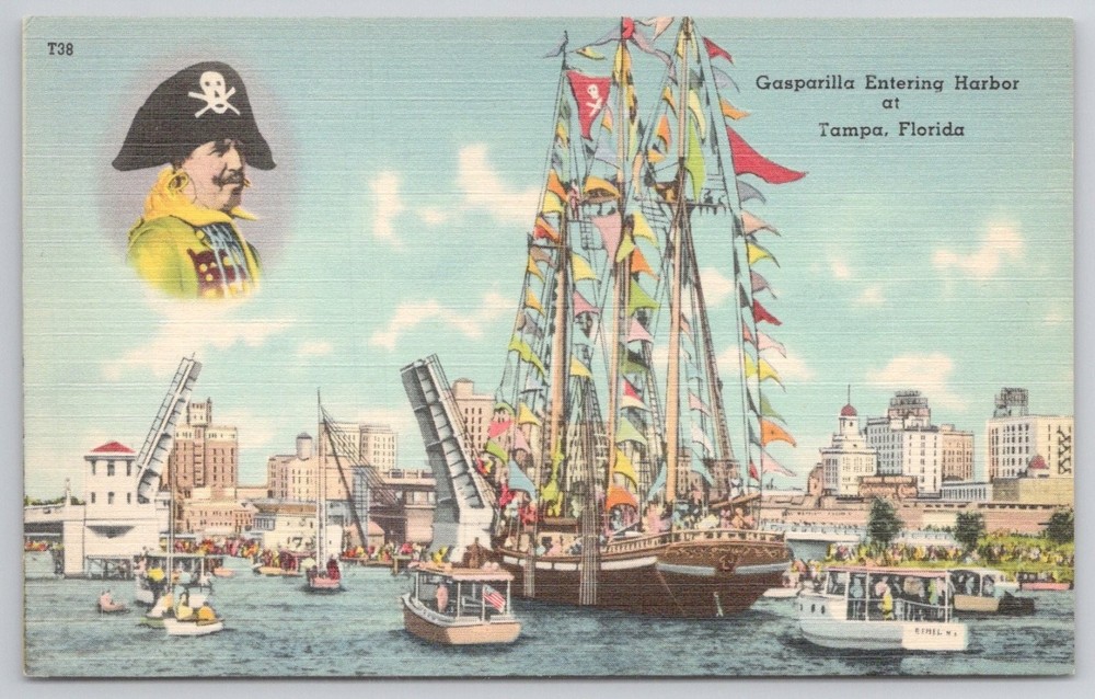 Gasparilla Pirate Ship Entering Tampa Harbor FL Linen Postcard Tichnor