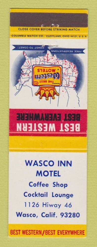 Matchbook Cover - Best Western Wasco Inn Motel Wasco CA