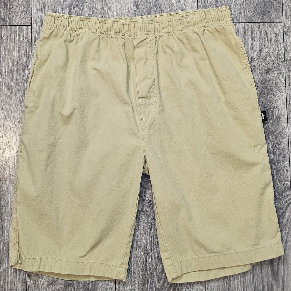 Stussy Brushed Beach Chino Shorts Khaki Beige Men's Sz L Elastic Waist 9' Inseam