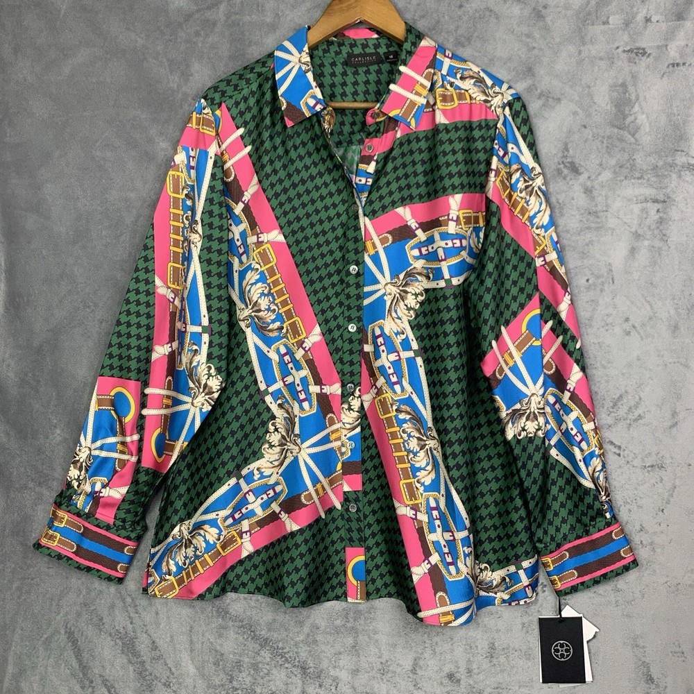 Carlisle Collection 100% Silk Equestrian Print Blouse Size 18 NWT Button Down