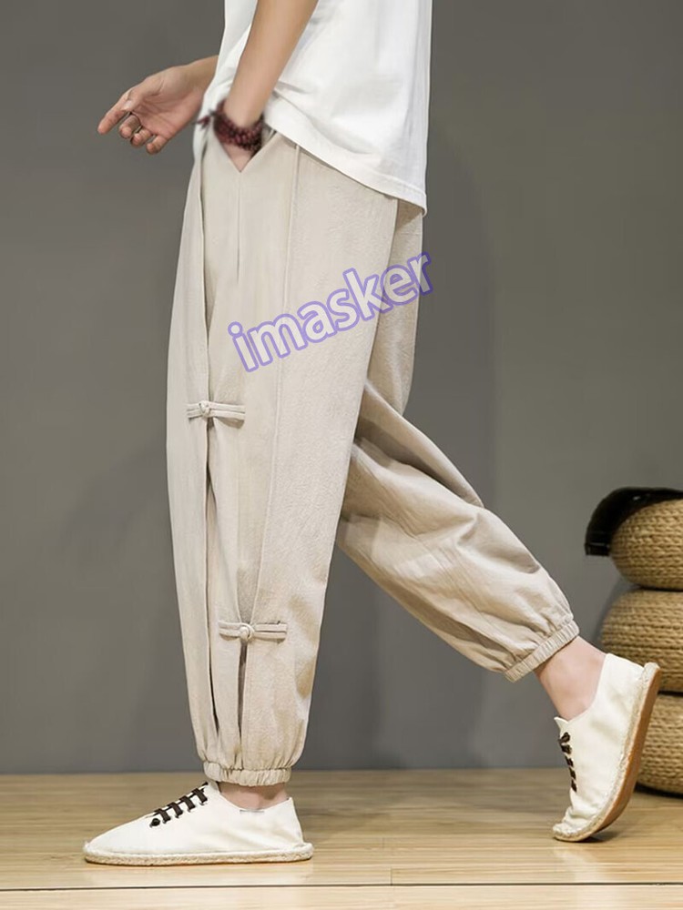 Summer Men's Chinese Tang Zhuang Cotton Linen Loose Straight Pants