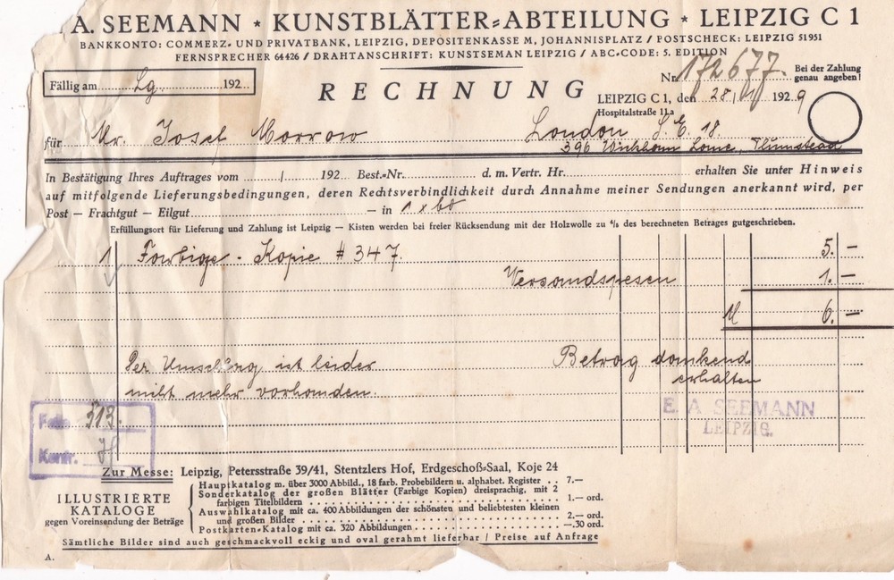 A. SEEMAN* KUNSTBLATTER*ABTEILUNG* LEIPZIG 1929 A Private Bank Receipt Ref 46604