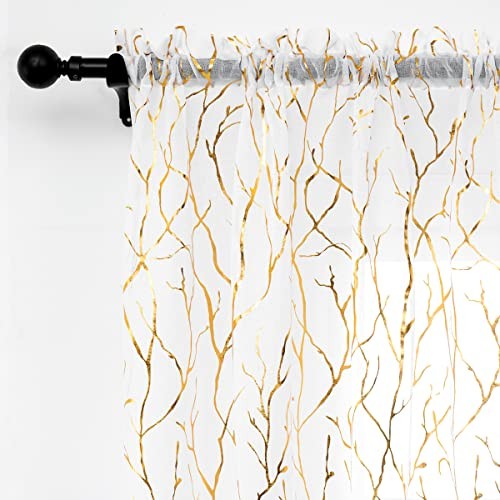 White and Gold Sheer Curtains 52x45 Inches Set of 2 Elegant Light Filtering Panels
