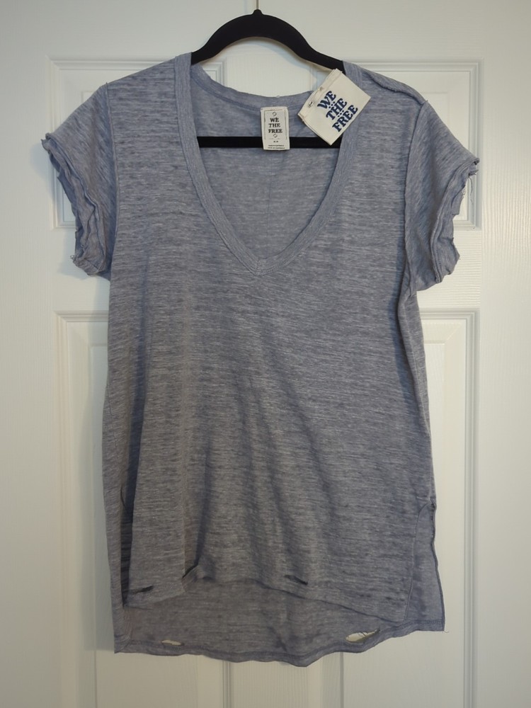 NWT We The Free Women's Medium Distressed Grey T Shirt Short Sleeve V Neck