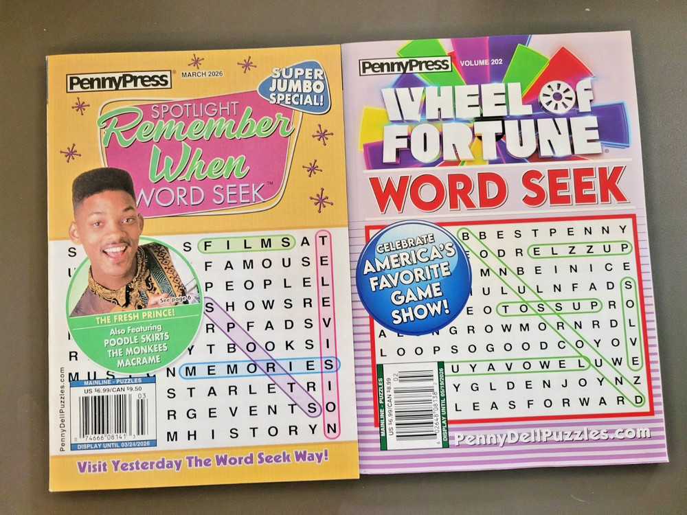 Lot of 2 Word Seek Puzzle Books by Penny Press -Remember When & Wheel of Fortune