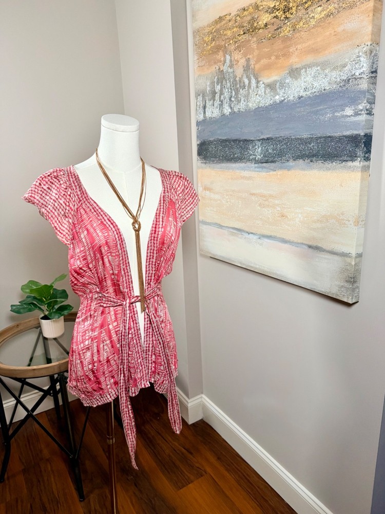 BCBGMAXAZRIA Women's Pink White Tie Front Blouse Top Size Small Boho Sheer