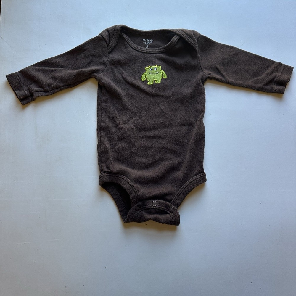 Carter's Baby Bodysuit 3 Months – Brown Long Sleeve One Piece with Green Monster