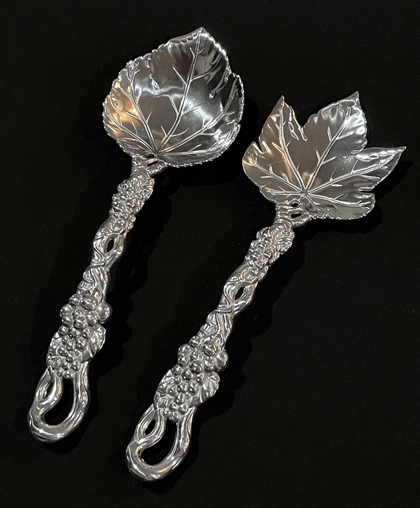 ARTHUR COURT 2004 Grape Leaf Vine Aluminum Salad Serving Spoon Fork Set Mint