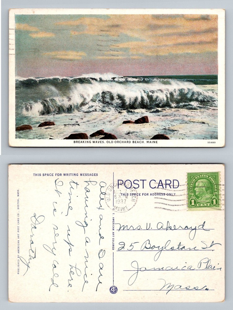 Old Orchard Beach, ME-Maine, Breaking Waves Ocean Surf Vintage c1937 Postcard
