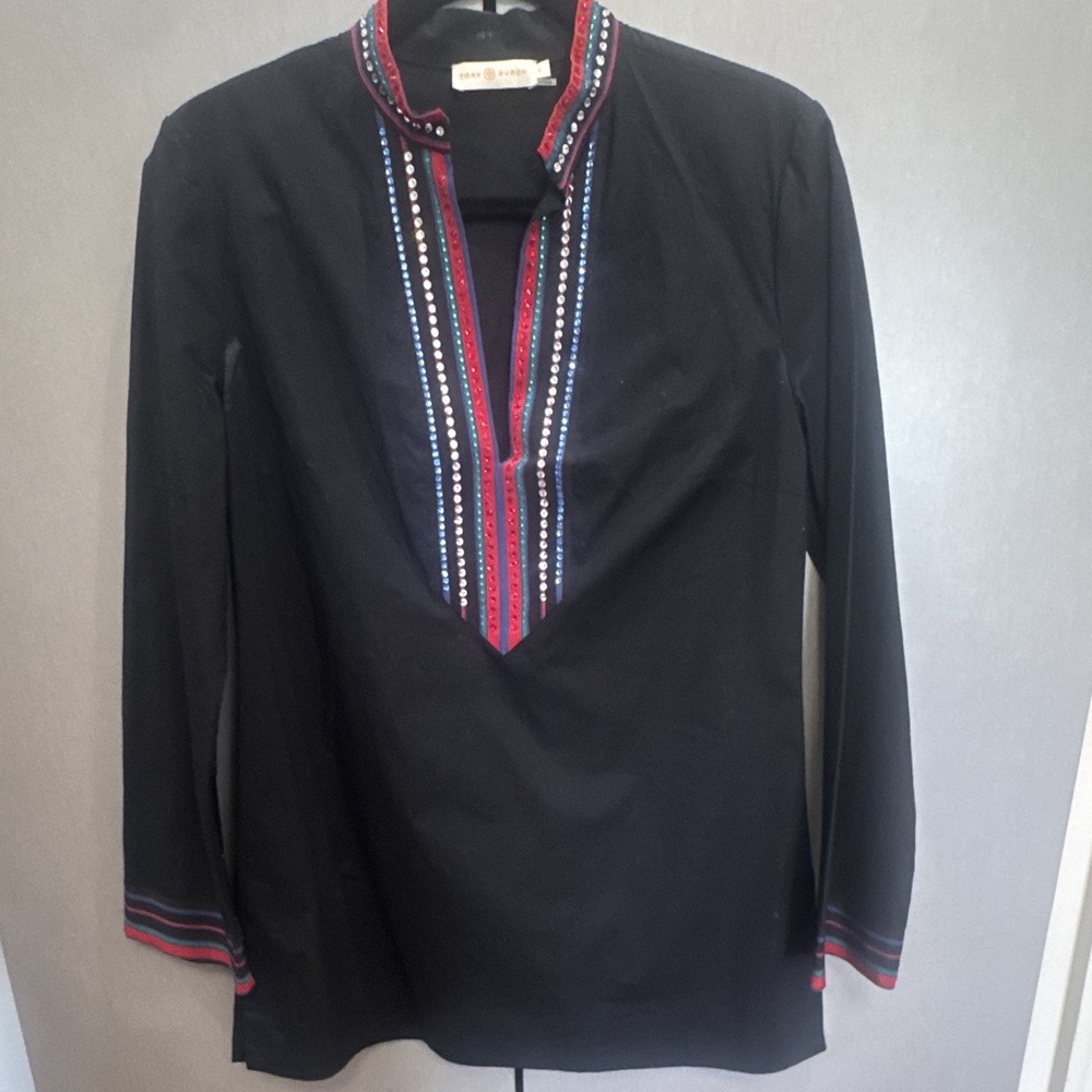 Tory Burch Women’s Size 8 Solid Black V-Neck Long Sleeve Studded Blouse
