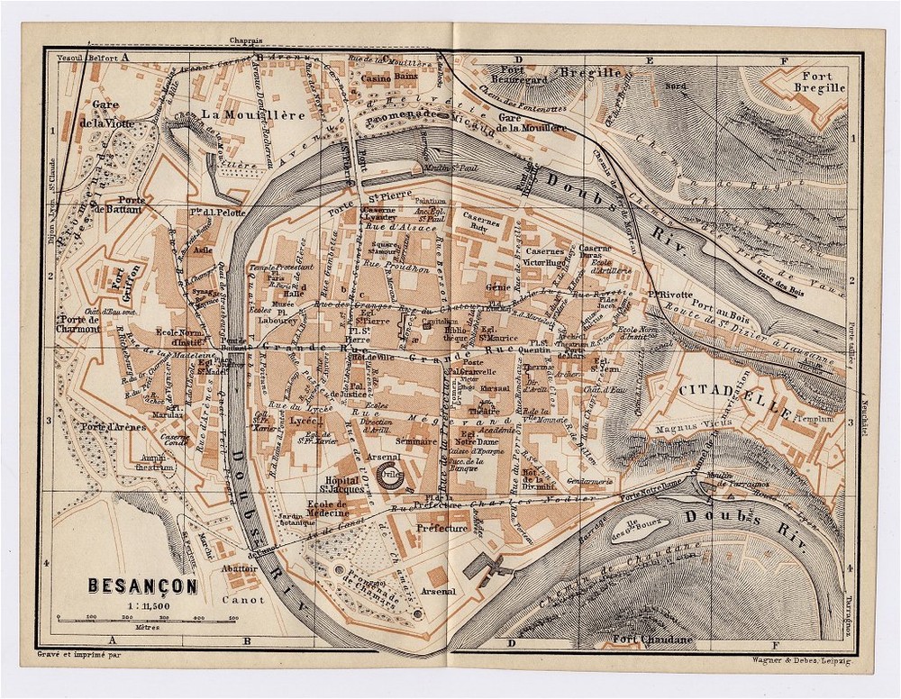 1905 Antique City Map Of Besancon / Franche-Comte / France