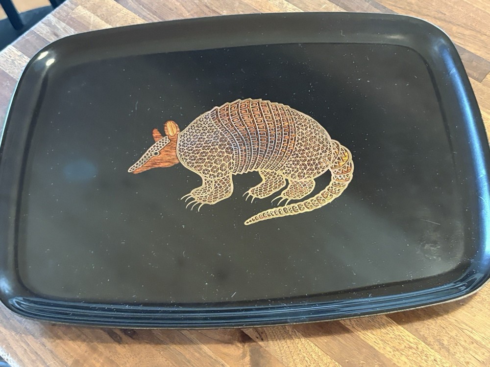 VTG MCM Couroc Of Monterey Rectangular Black Tray Armadillo Brass Wood Inlaid