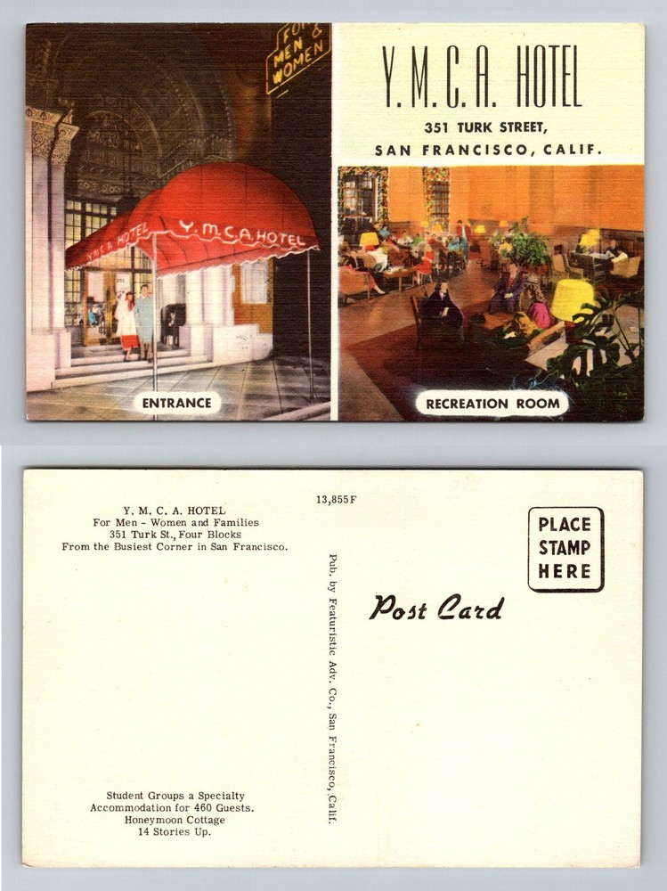 San Francisco CA-California YMCA Hotel Entrance Recreation Room Vintage Postcard