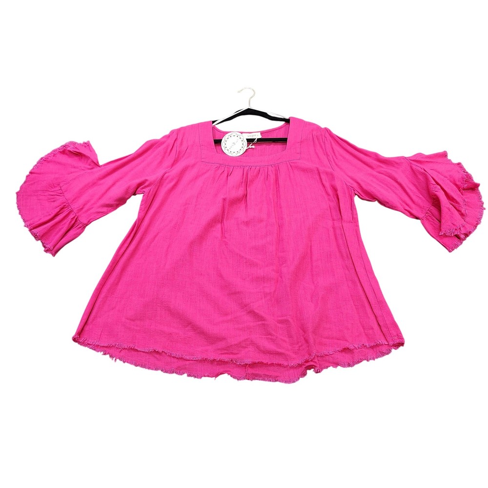 Umgee Blouse Womens 1XL Pink Ruffle Bell Sleeve Square Neck Boho Tunic Top