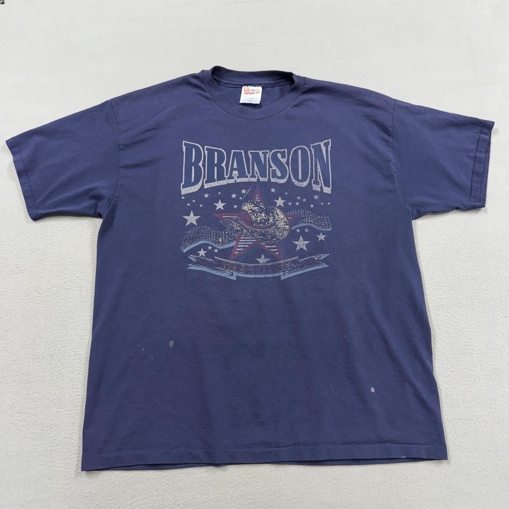 Vintage Hanes Shirt Mens Large Blue Branson Missouri Cowboy Graphic Tee 90s