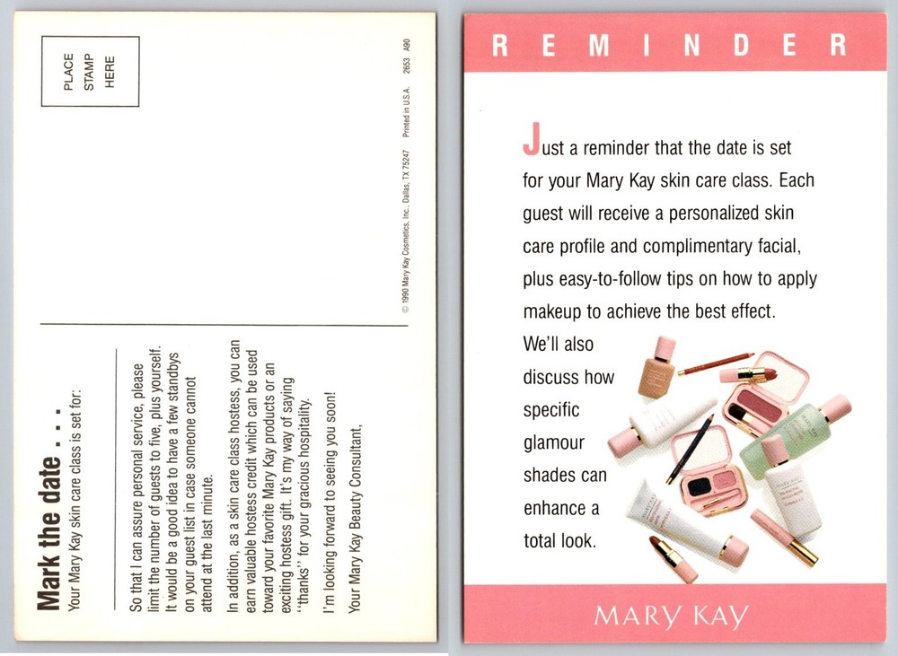 1990 Mary Kay Skin Care Class Reminder Vintage Promotional Postcard Cosmetics