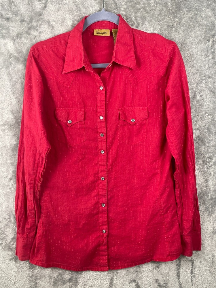 Wrangler Western Shirt Womens Medium Red Pearl Snap Long Sleeve Rodeo LW6201R