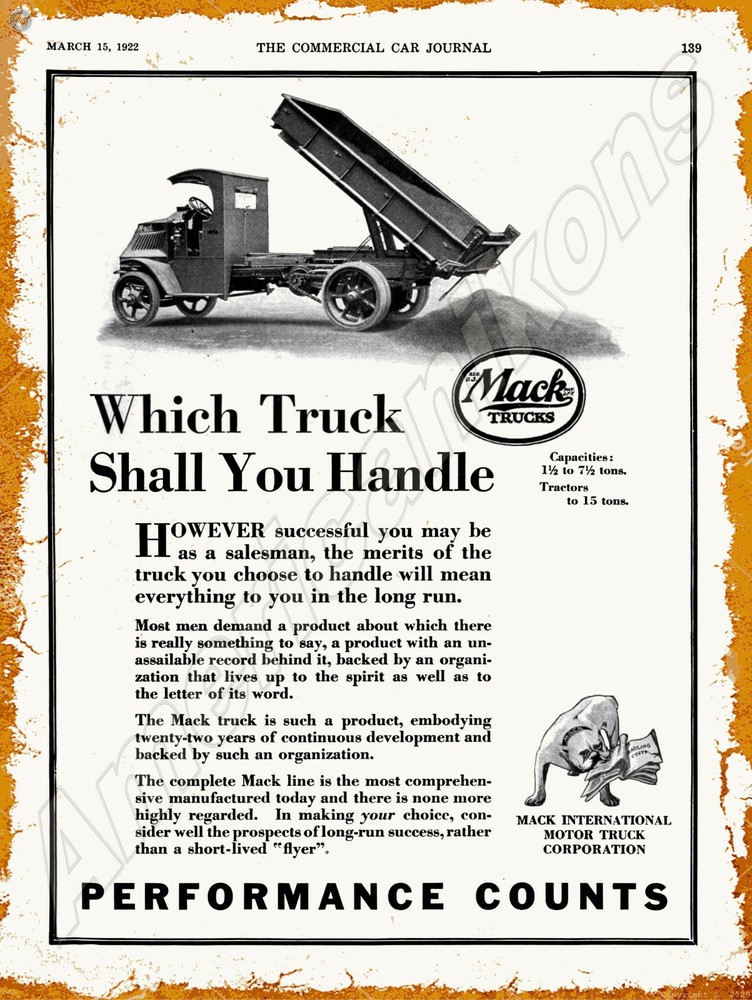 1922 Mack Trucks New Metal Sign: Performance Counts! - Mack International Co.