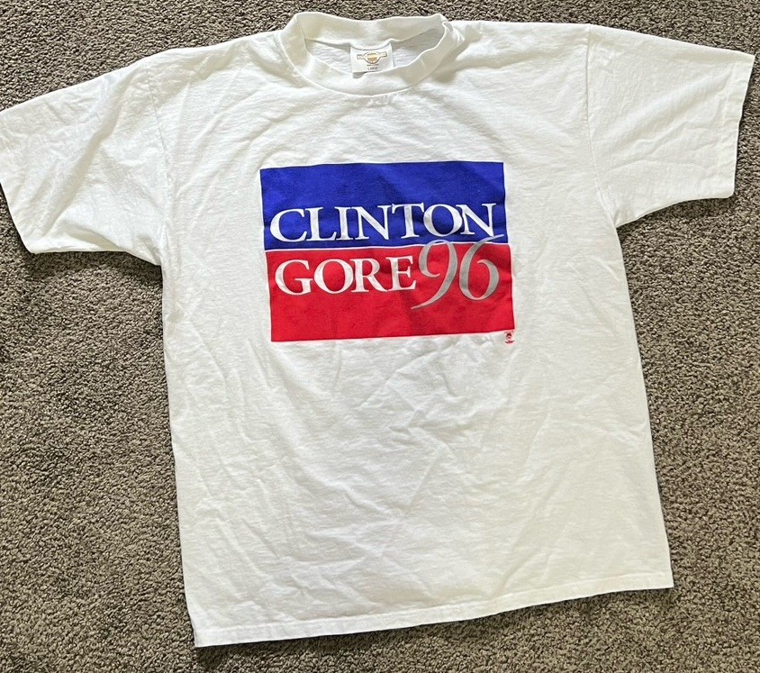 Vintage single stitch Men’s L White Cotton Crewneck Graphic Tee Clinton Gore ’96