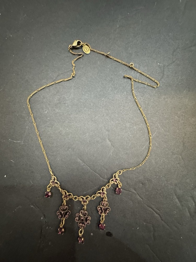 Anne Koplik Designs Vintage Purple Rhinestone  Flower Necklace Brass Tone Tcf25