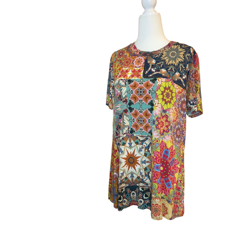 Johnny Was Los Angeles Womens Large Mandala Patchwork Print Tunic Top Multicolor