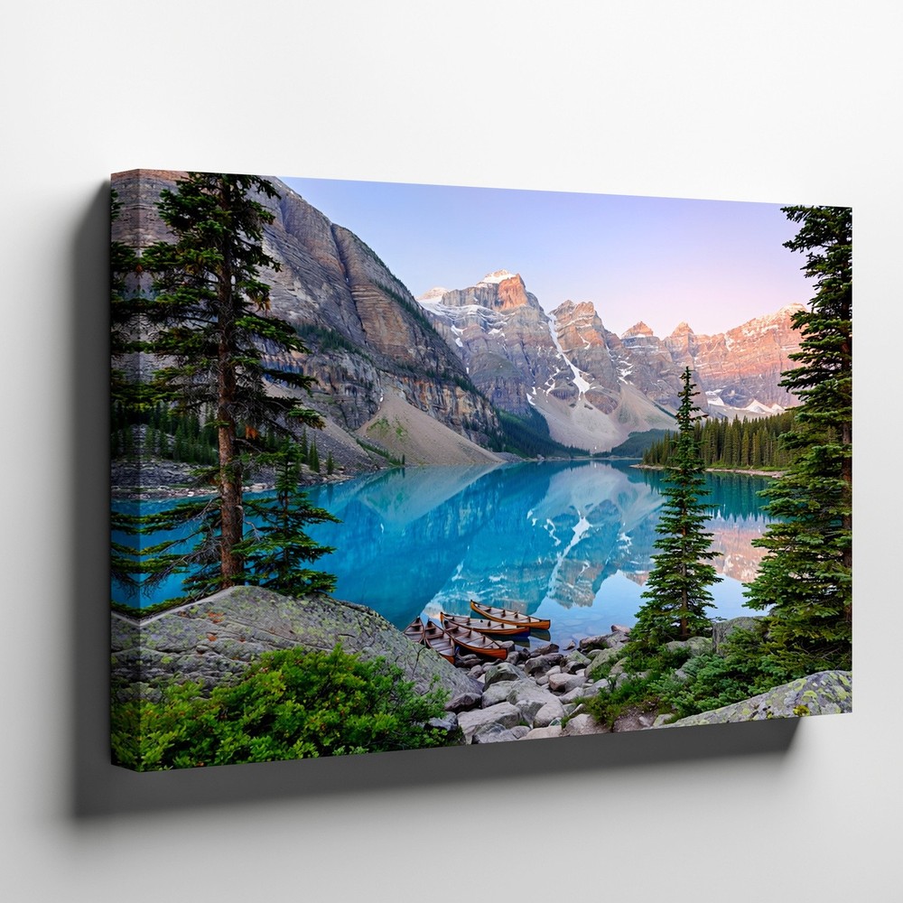 Mountain Lake Landscape Canvas Wall Art Nature Scene Canoes Pine Trees Decor